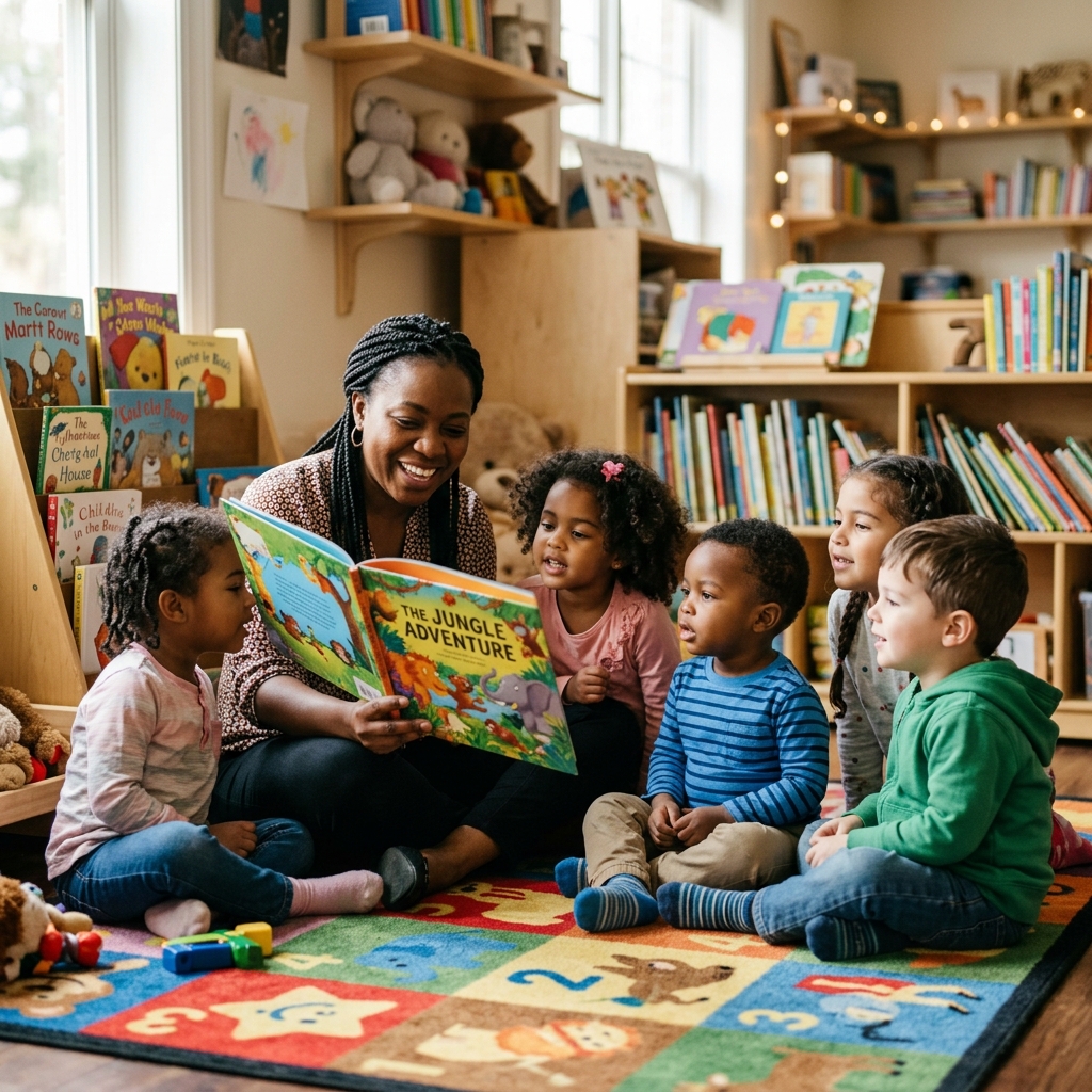 Educator reading to toddlers